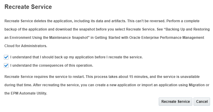 Recreate Service dialog box